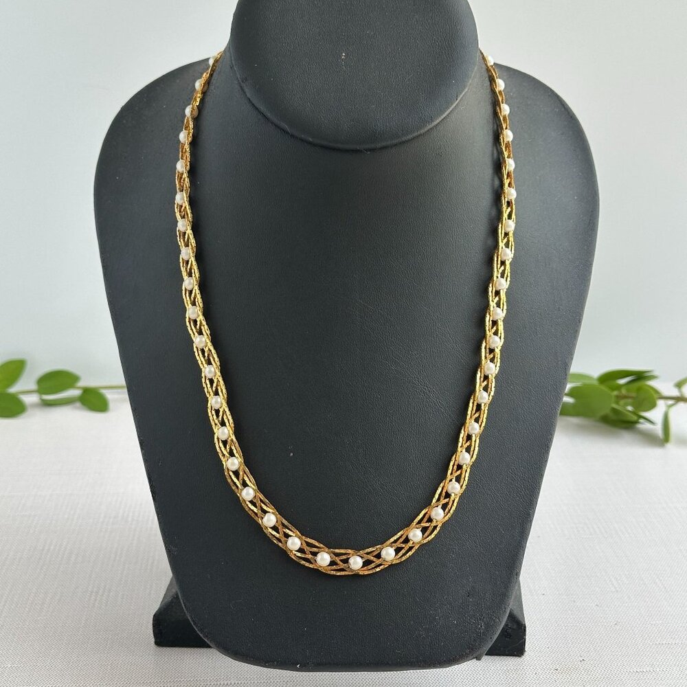 Golden River Of Pearls Gold Tone Braided Necklace by Avon 17" with Faux Pearl Ac
